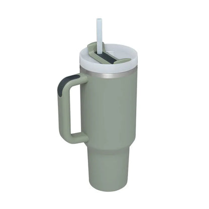 40 oz stainless steel insulated tumbler with handle and straw in tapered mug design