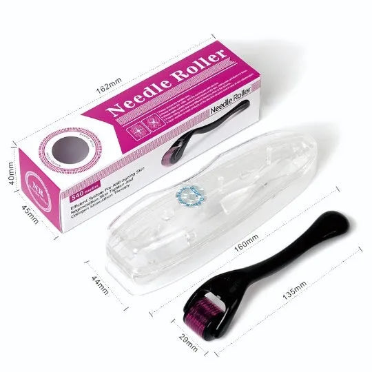 Black derma roller with titanium microneedles for facial skin and hair treatment, showing needle close-up