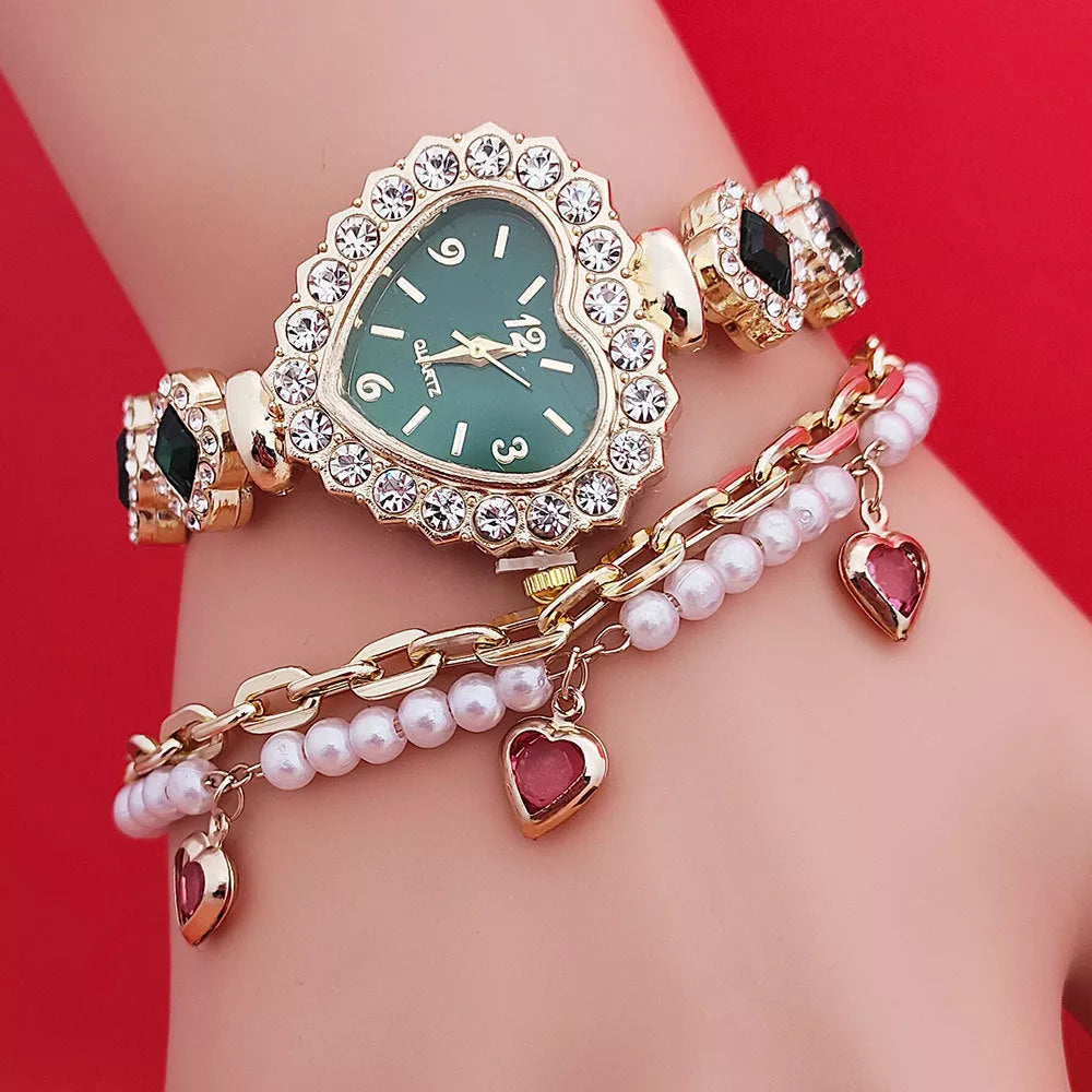Women's Fashion Love Shape Bracelet Watch Set with Diamond Colored Heart in red, green, and black