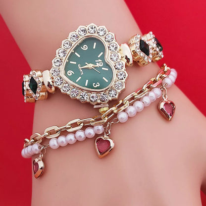 Women's Fashion Love Shape Bracelet Watch Set with Diamond Colored Heart in red, green, and black