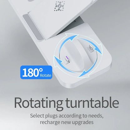 B-21 three-in-one wireless charging station for mobile phone, headset, and smartwatch on a desk.