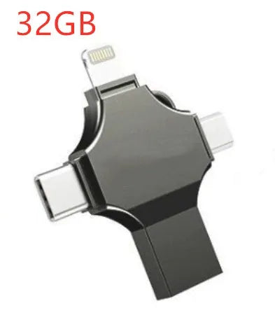 Metal mobile phone U disk with 4-in-1 iOS, Micro USB, Type-C and USB 3.0 connectors, 11g, in Silver
