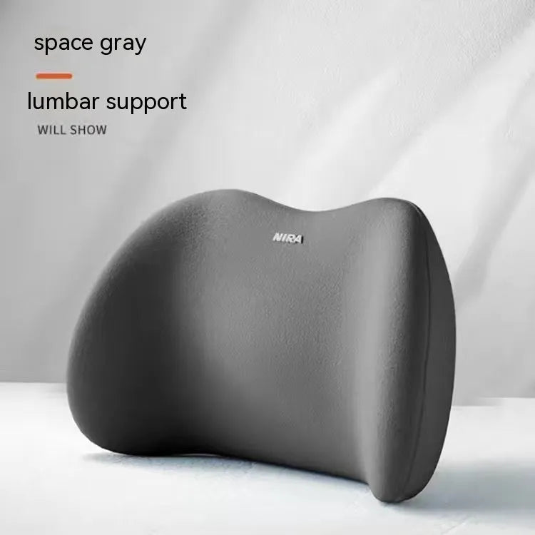 Black automotive headrest pillow and lumbar support pillow set with memory foam filler on a car seat
