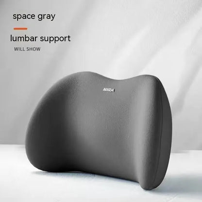 Black automotive headrest pillow and lumbar support pillow set with memory foam filler on a car seat