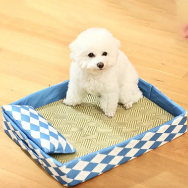 Blue rattan cat bed and litter mat in a large size, showing woven texture and rectangular shape.