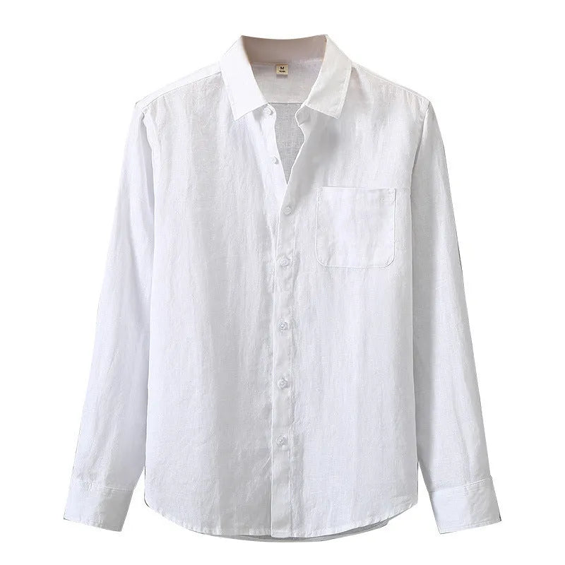 Long sleeve linen cardigan in a Chinese style, shown in a solid colour on a model.