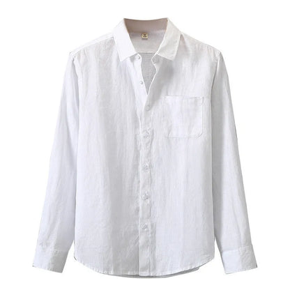 Long sleeve linen cardigan in a Chinese style, shown in a solid colour on a model.