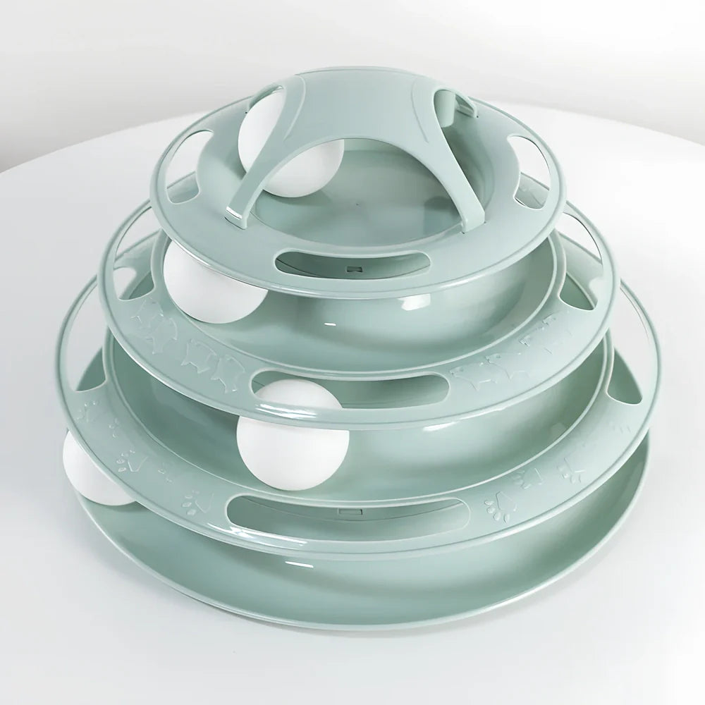 Circular tower track cat toy with rolling ball in blue and white colour option