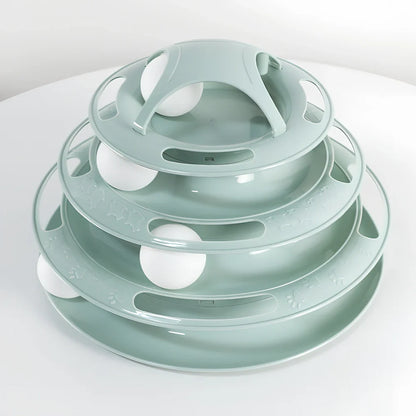 Circular tower track cat toy with rolling ball in blue and white colour option