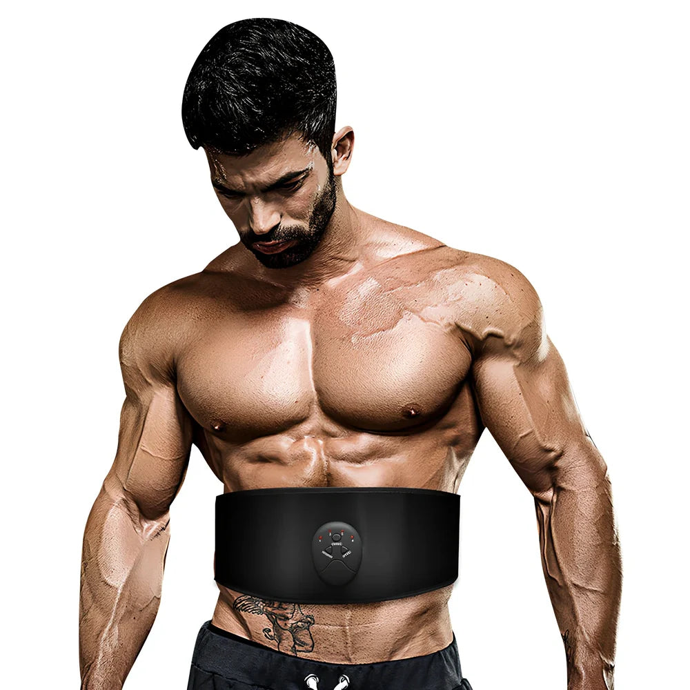 Black abdominal slimming belt with vibration unit and adjustable leather strap for muscle stimulation
