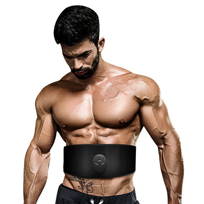 Black abdominal slimming belt with vibration unit and adjustable leather strap for muscle stimulation