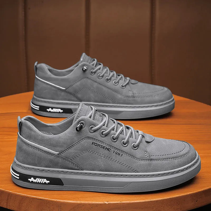 Men's khaki waterproof casual shoes with round toe and rubber sole for work and leisure.