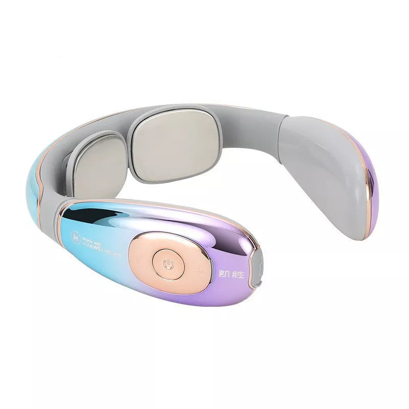 Rechargeable neck massager in white, bright blue, or sapphire blue with handheld remote control