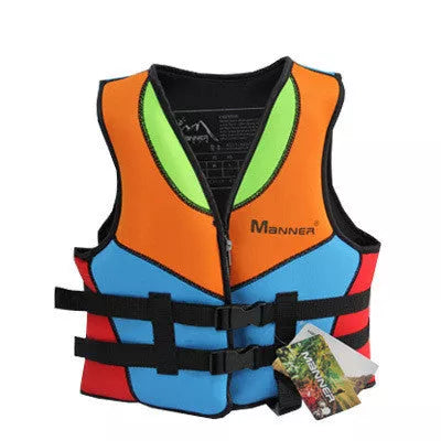 Children's life jacket with high buoyancy for swimming and rescue, available in bright colors.