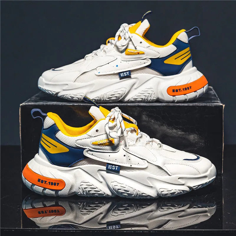 Men's Sports Colour Matching Casual Pumps Low Top Mid Heel 3-5cm Breathable Height Increasing Round Toe Rubber Sole White Orange White Grey White Blue Sizes 39-44