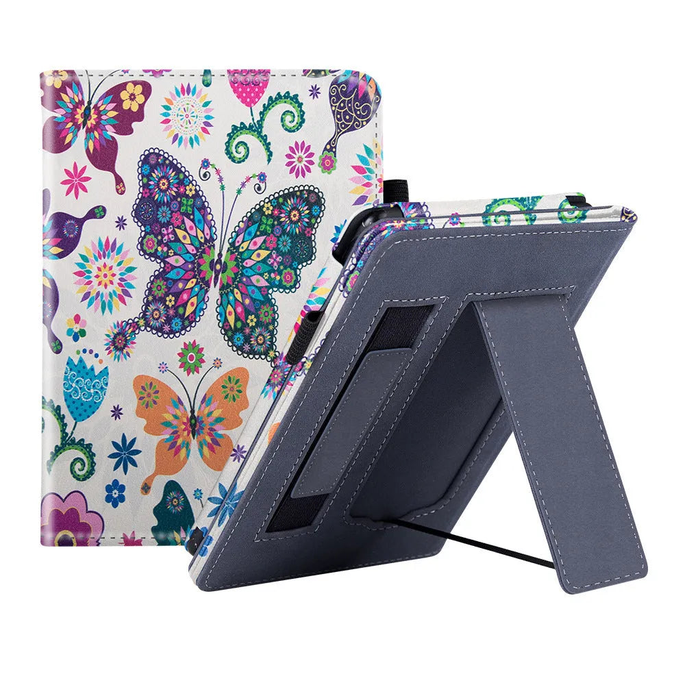 Leather case with wrist splint bracket for Kindle Paperwhite 5 e-reader in various colours and designs