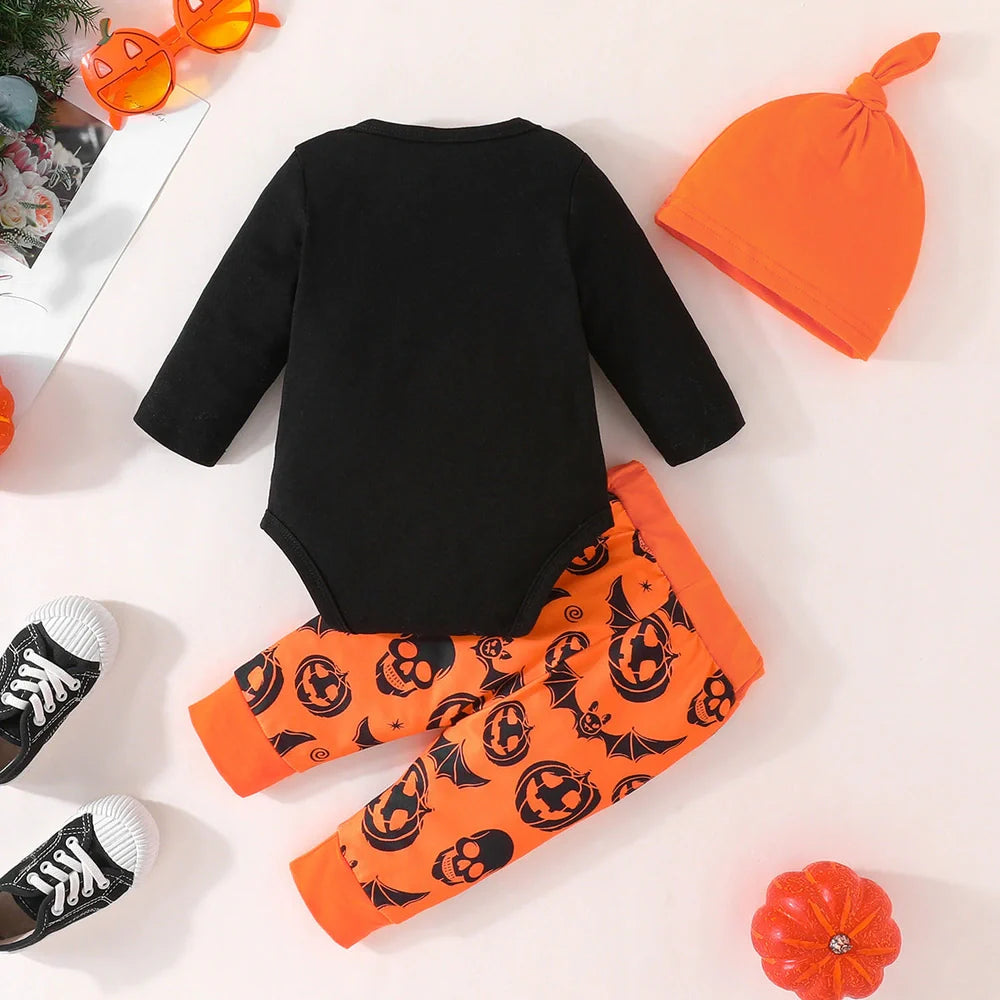 Baby wearing Halloween jumpsuit, trousers, and hat set with letters pattern and removable hood