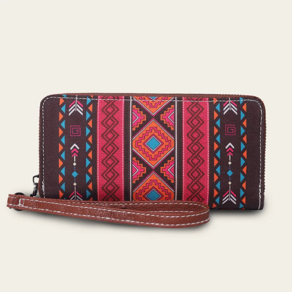 Bohemian striped canvas RFID wallet in beige colour, showing anti-theft design and compact size.