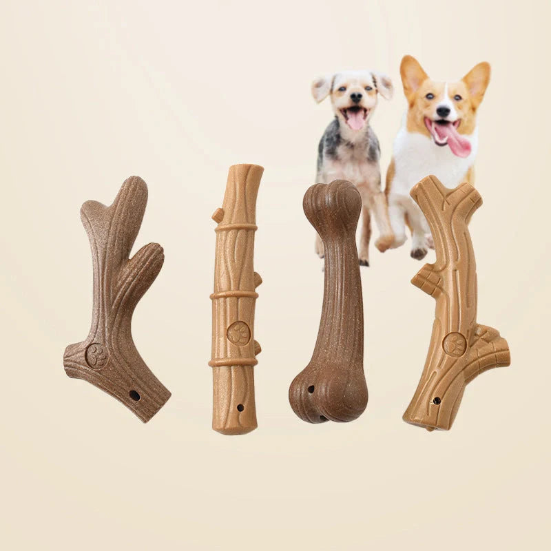 Small dog chew toy with teeth cleaning features in antler, bone, bamboo, and branch designs