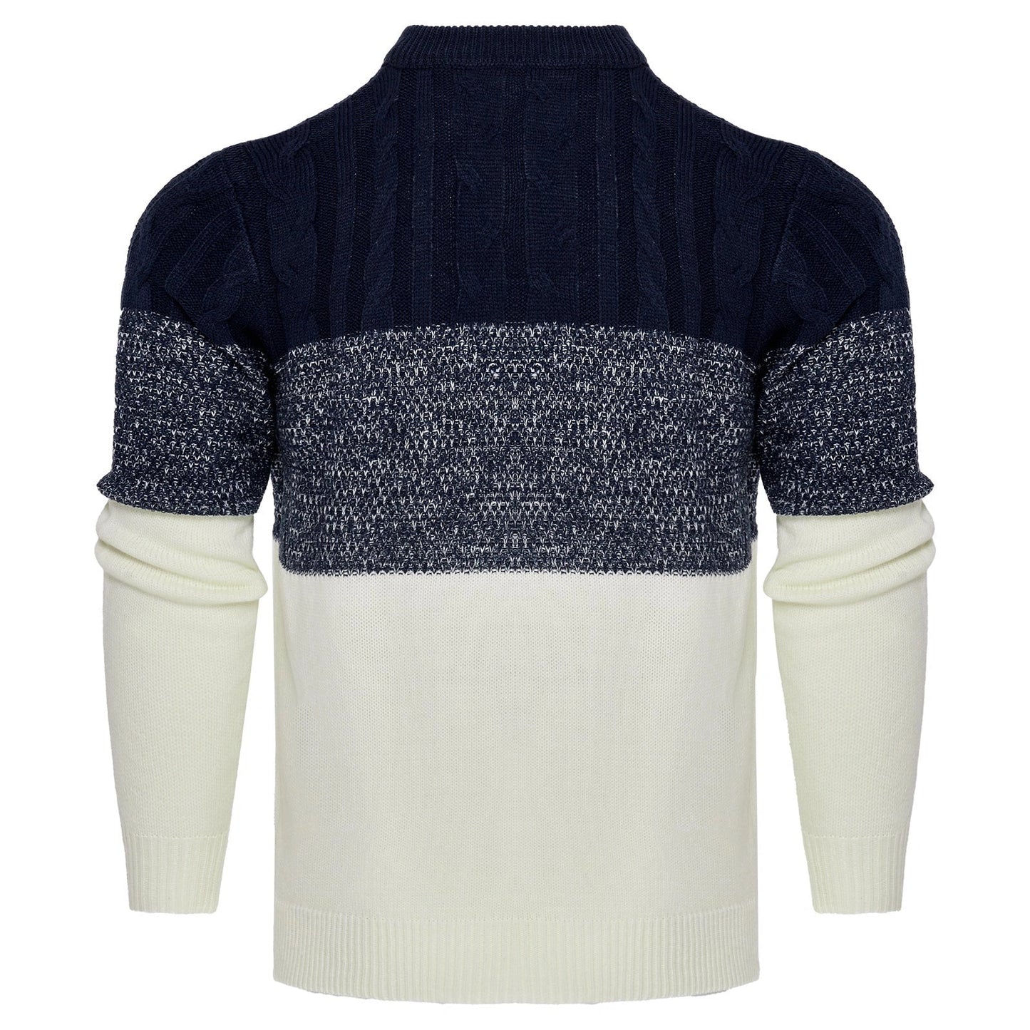 Men's color block cable knit acrylic sweater in black, blue, and brown
