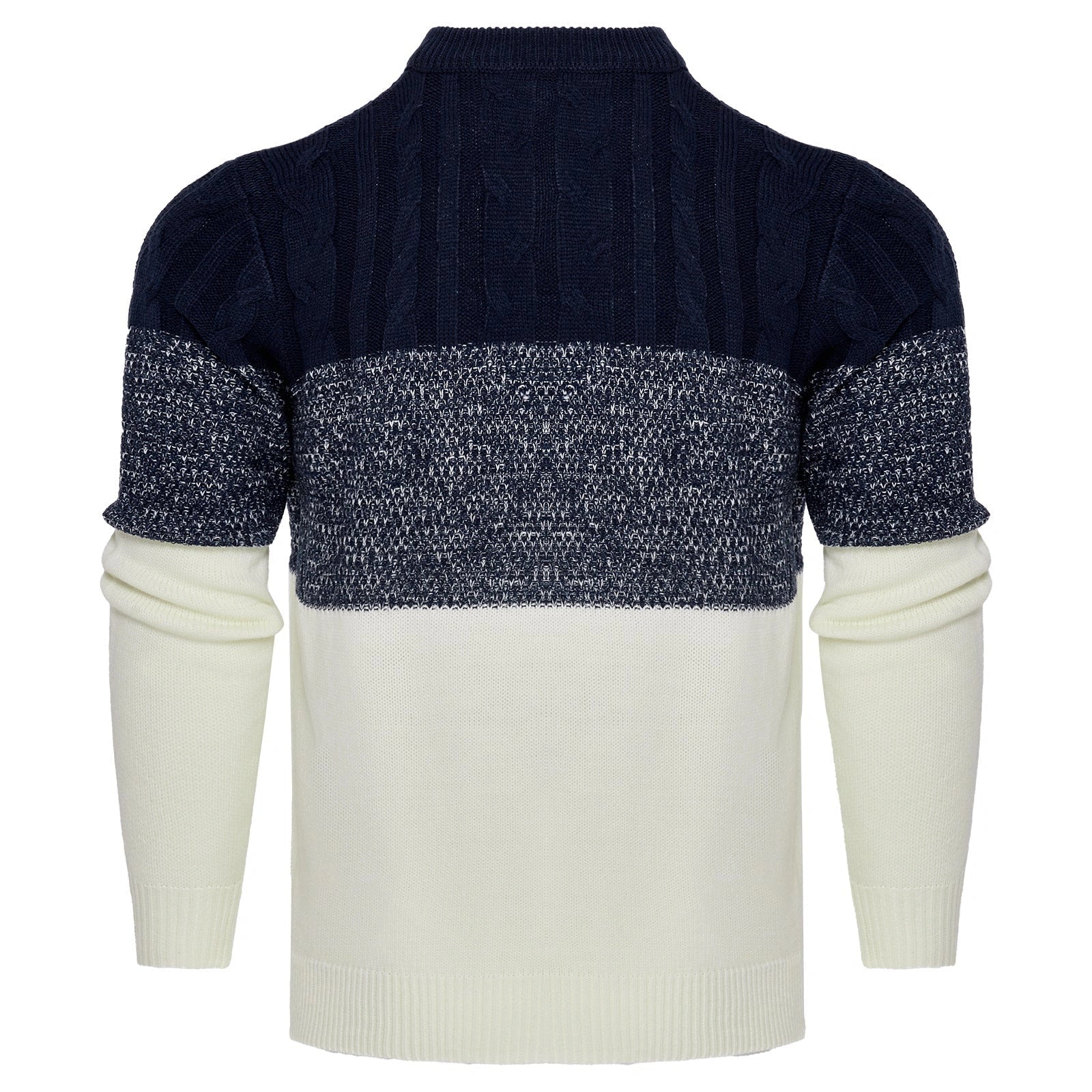 Men's color block cable knit acrylic sweater in black, blue, and brown