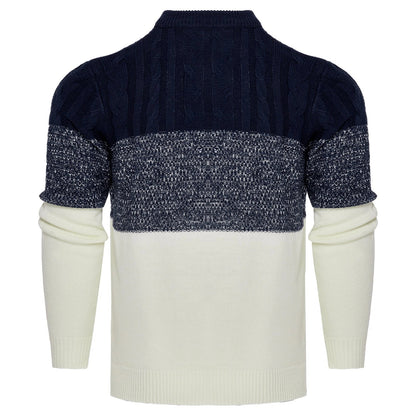 Men's color block cable knit acrylic sweater in black, blue, and brown