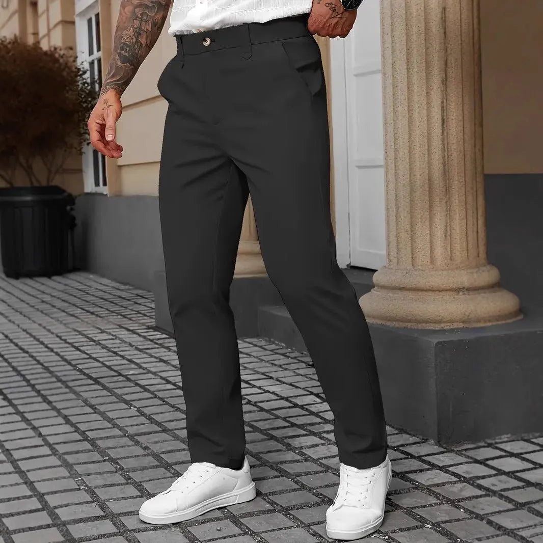 Men's straight leg business trousers in four colours: black, apricot, grey, and white.