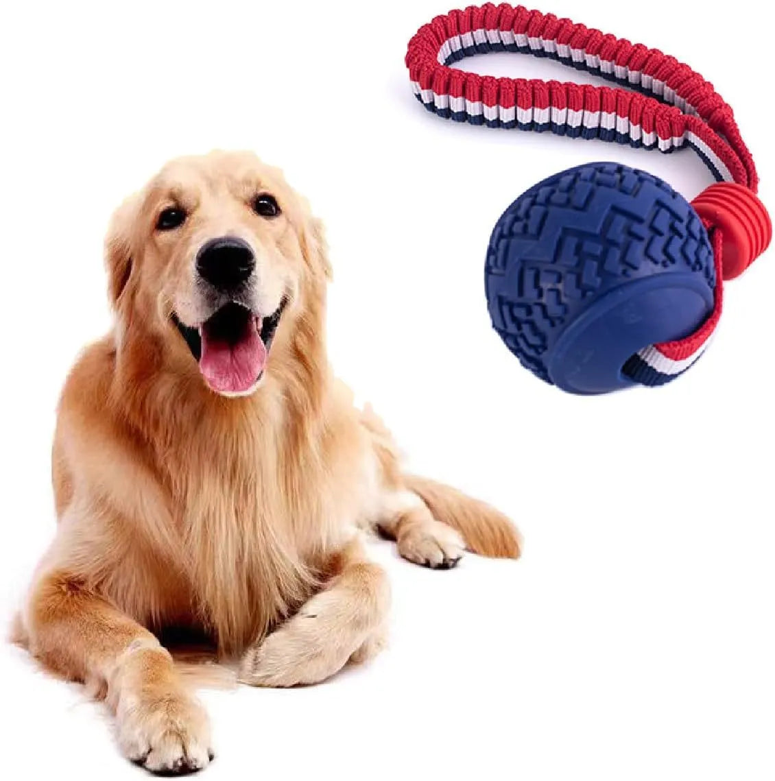 Blue dog ball with rope toy showing 6.5cm textured rubber ball attached to 29cm rope for dental cleaning and tug-of-war