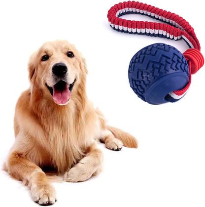 Blue dog ball with rope toy showing 6.5cm textured rubber ball attached to 29cm rope for dental cleaning and tug-of-war