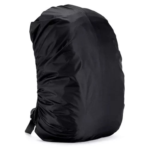 Waterproof backpack cover in various colors, showing elastic edge and compact fold