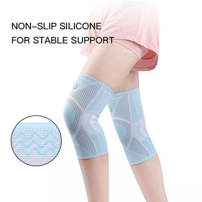 Non-slip knee compression sleeves in blue, pink, and black for pain relief and support