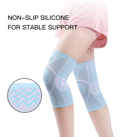 Non-slip knee compression sleeves in blue, pink, and black for pain relief and support
