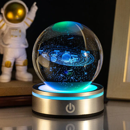 3D inner carving luminous crystal ball night lamp with 8cm white crystal and round touch USB base