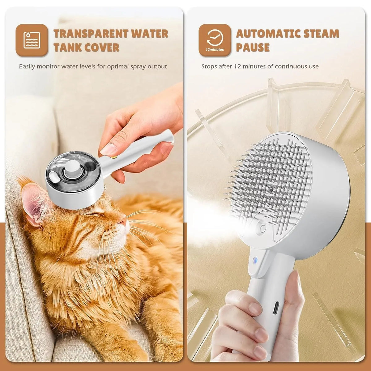 Pink and white cat steam brush with mist spray function, rounded head, and stainless steel comb bristles.