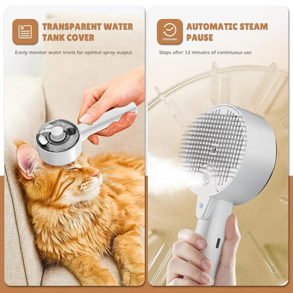 Pink and white cat steam brush with mist spray function, rounded head, and stainless steel comb bristles.