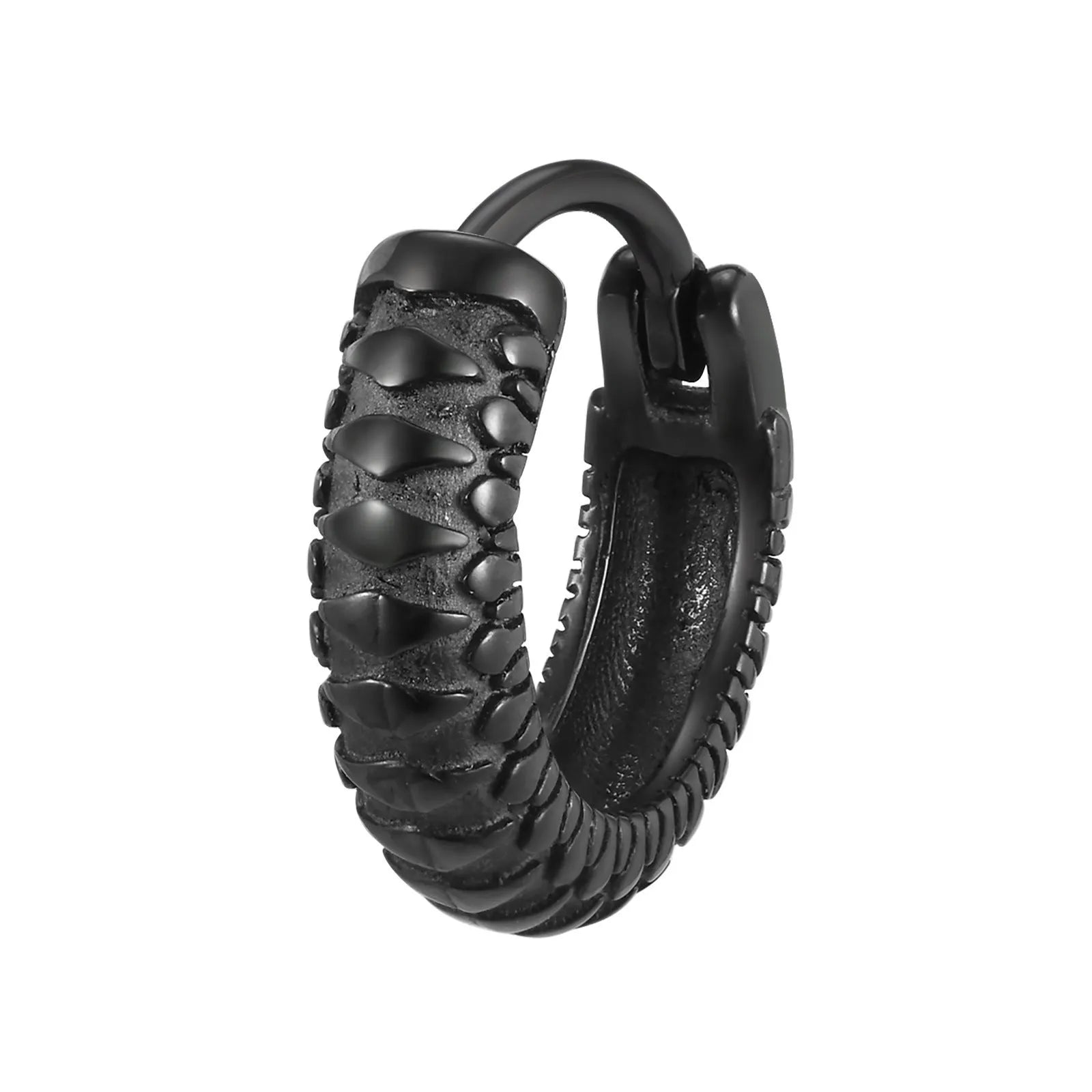 Pair of stainless steel earrings with snake pattern texture in black finish, 1.5cm diameter