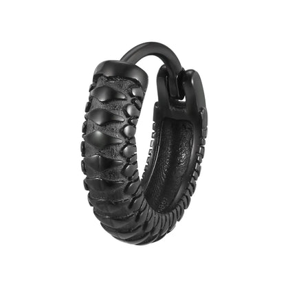 Pair of stainless steel earrings with snake pattern texture in black finish, 1.5cm diameter