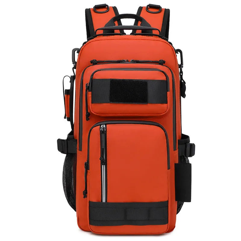Large orange and black outdoor backpack with 20-35L capacity for hiking and camping