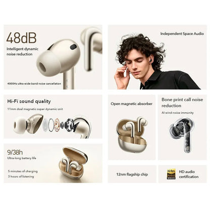 Black and gold true wireless Bluetooth earbuds with a charging case on a white background.