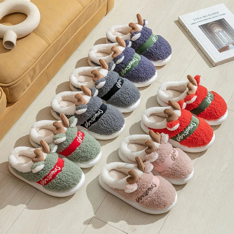 Cozy elk-themed slippers with plush suede uppers and supportive EVA soles in a variety of dreamy colors