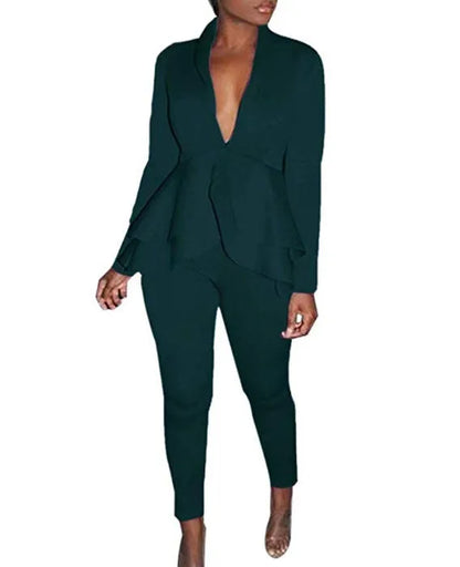 Ruffled shirt and pencil pants business casual wear set in polyester fabric