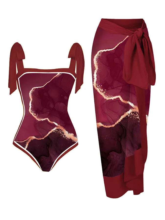 Women's floral printed two-piece swimsuit with chiffon hip skirt in multiple colour options