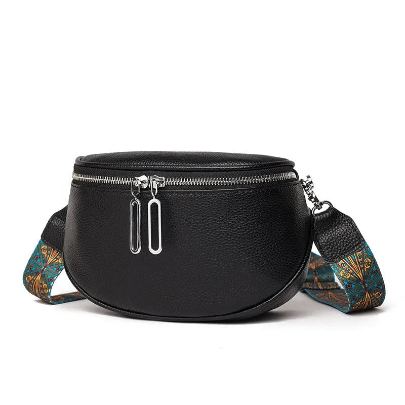 Women's soft PU leather messenger bag in saddle shape with crossbody strap and zip compartment