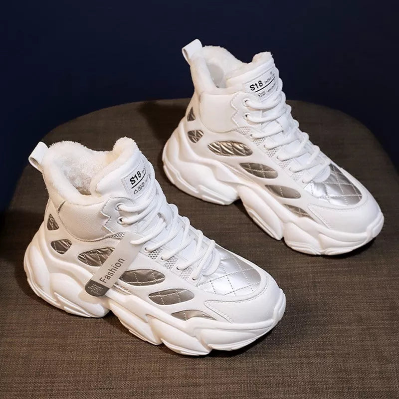 Women's casual velvet lined high shoes in black, silver, and beige with waterproof PU upper and non-slip sole