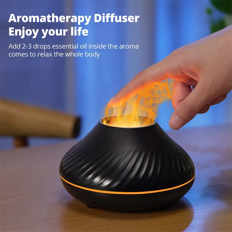 Beige volcanic flame aroma diffuser with LED lighting and mist output on wooden surface