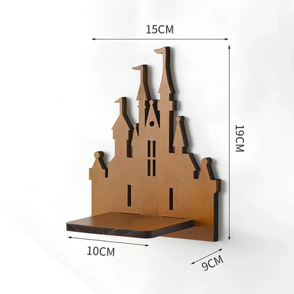Solid wood wall shelving with irregular shape displaying plants in water bottle reservoirs with retro castle design
