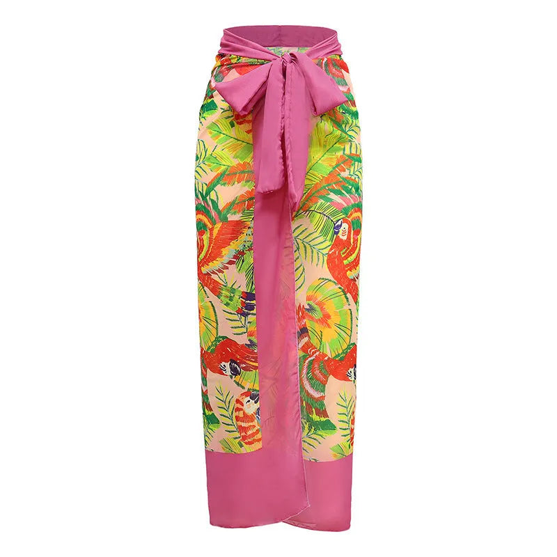 Pink floral print women's retro swimsuit with V-neck and attached thin skirt cover