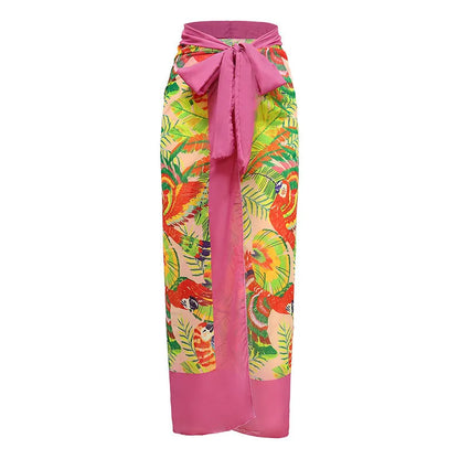 Pink floral print women's retro swimsuit with V-neck and attached thin skirt cover
