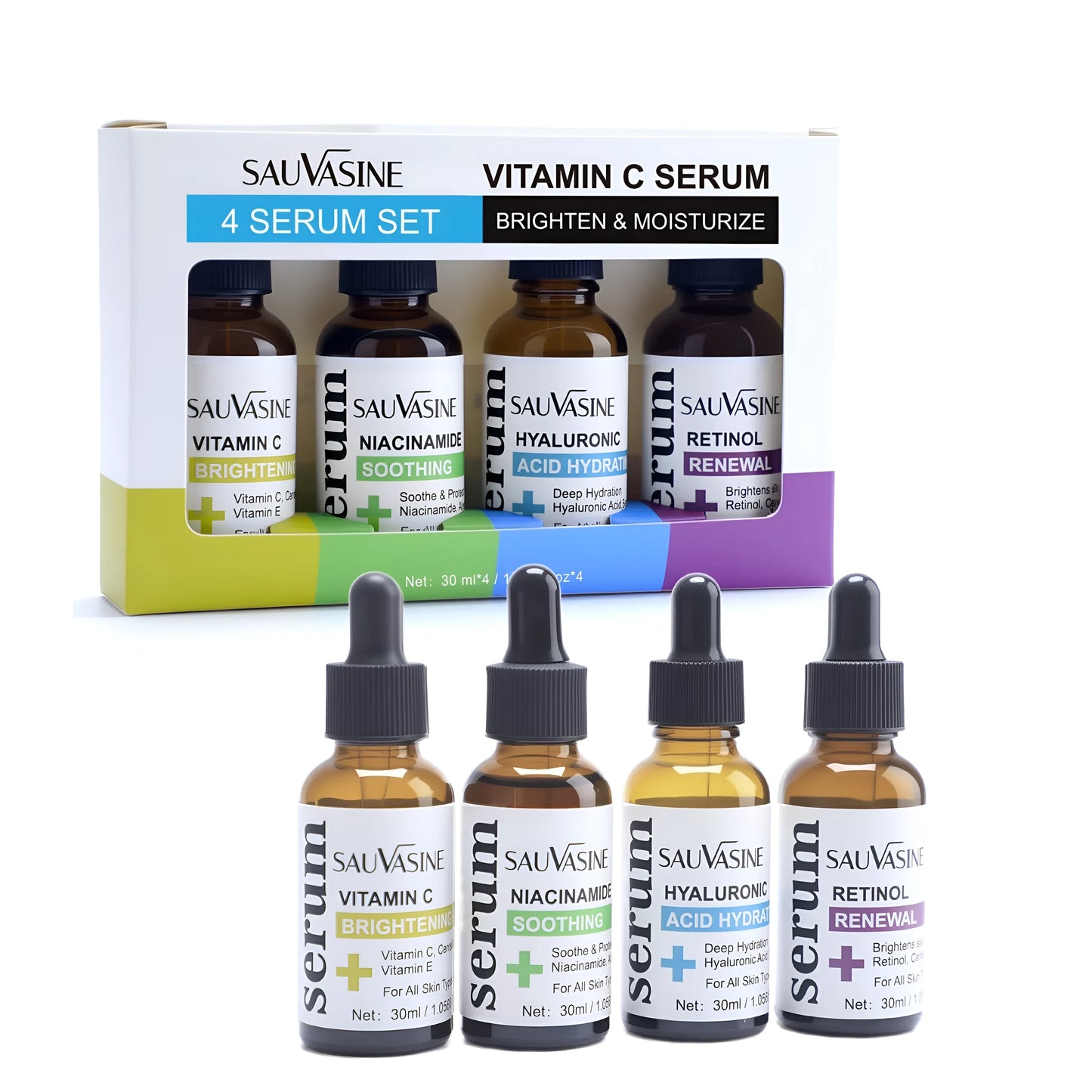 Vitamin C skincare 4-piece set with four 30ml bottles of facial essence for pore refinement