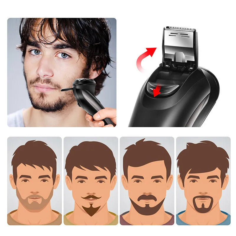 Men's electric shaver with three floating heads, pop-up sideburn trimmer, and USB charging cable.